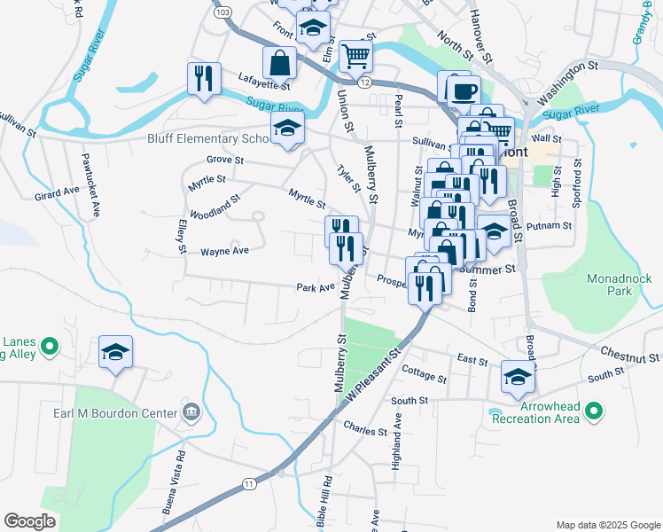 map of restaurants, bars, coffee shops, grocery stores, and more near 20 Forest Street in Claremont