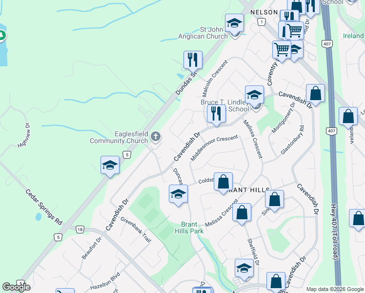 map of restaurants, bars, coffee shops, grocery stores, and more near 2251 Kirkburn Drive in Burlington