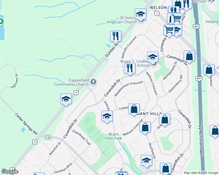 map of restaurants, bars, coffee shops, grocery stores, and more near 2251 Kirkburn Drive in Burlington
