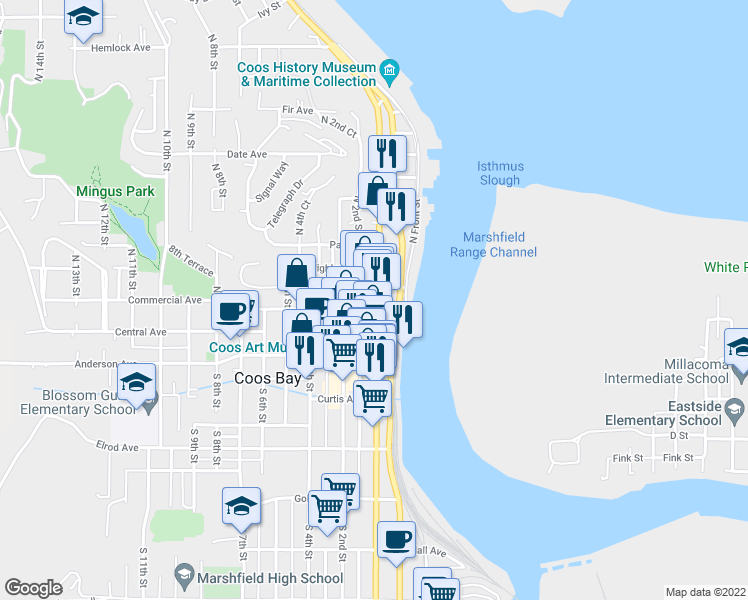 map of restaurants, bars, coffee shops, grocery stores, and more near 241 North Broadway in Coos Bay