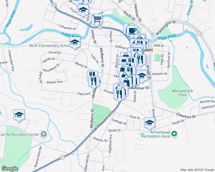 map of restaurants, bars, coffee shops, grocery stores, and more near 101 Summer Street in Claremont