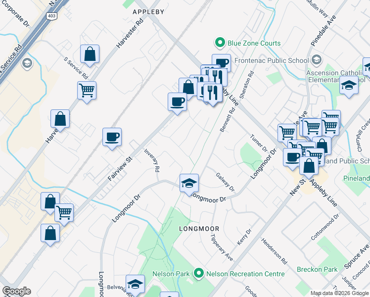 map of restaurants, bars, coffee shops, grocery stores, and more near 555 Taylor Crescent in Burlington