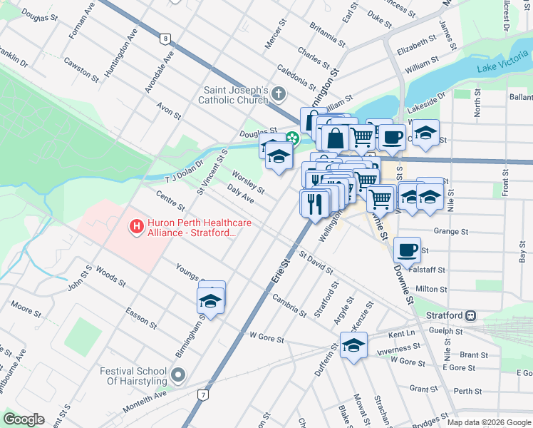 map of restaurants, bars, coffee shops, grocery stores, and more near 3 Daly Avenue in Stratford