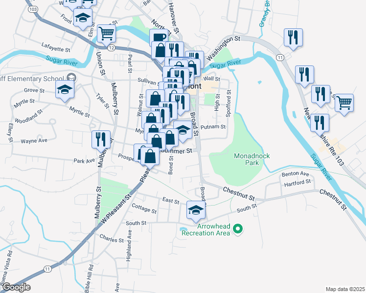 map of restaurants, bars, coffee shops, grocery stores, and more near 175 Broad Street in Claremont