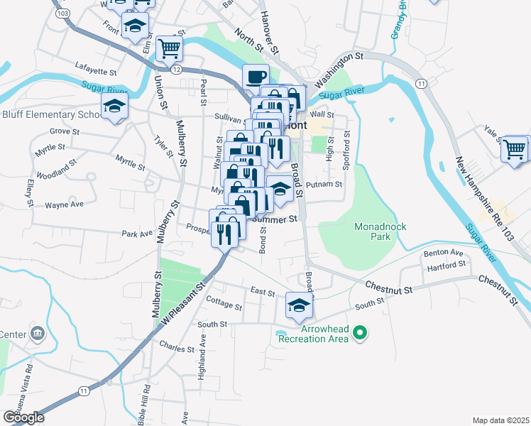 map of restaurants, bars, coffee shops, grocery stores, and more near 27 Middle Street in Claremont