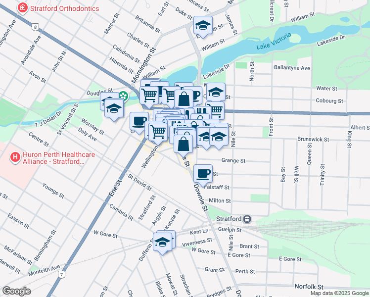map of restaurants, bars, coffee shops, grocery stores, and more near 101 Downie Street in Stratford