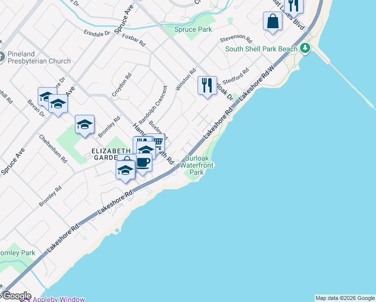 map of restaurants, bars, coffee shops, grocery stores, and more near 5411 Lakeshore Road in Burlington