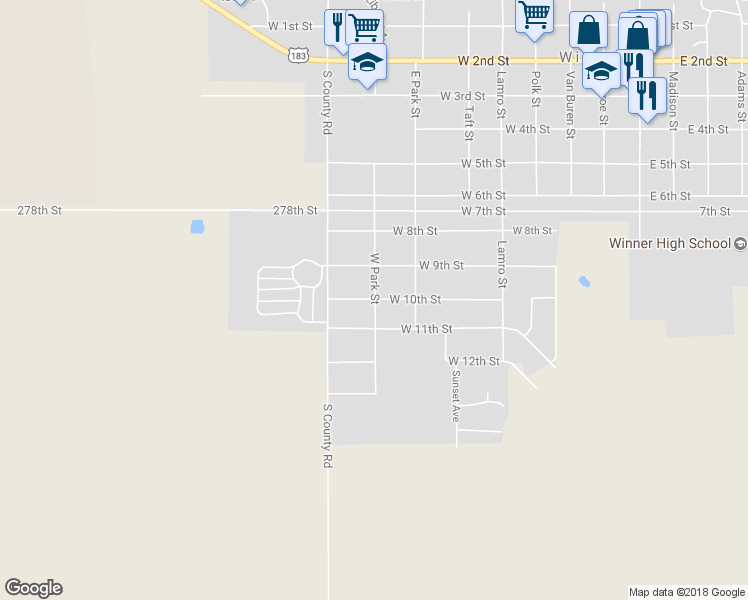 map of restaurants, bars, coffee shops, grocery stores, and more near 842 West 10th Street in Winner
