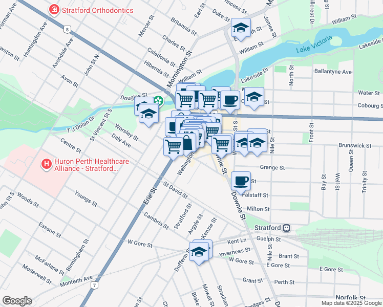 map of restaurants, bars, coffee shops, grocery stores, and more near in Stratford