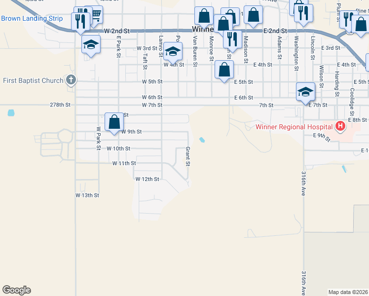 map of restaurants, bars, coffee shops, grocery stores, and more near 301 Hillside Drive in Winner