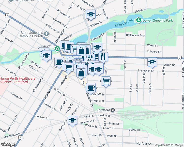 map of restaurants, bars, coffee shops, grocery stores, and more near 14 Rebecca Street in Stratford