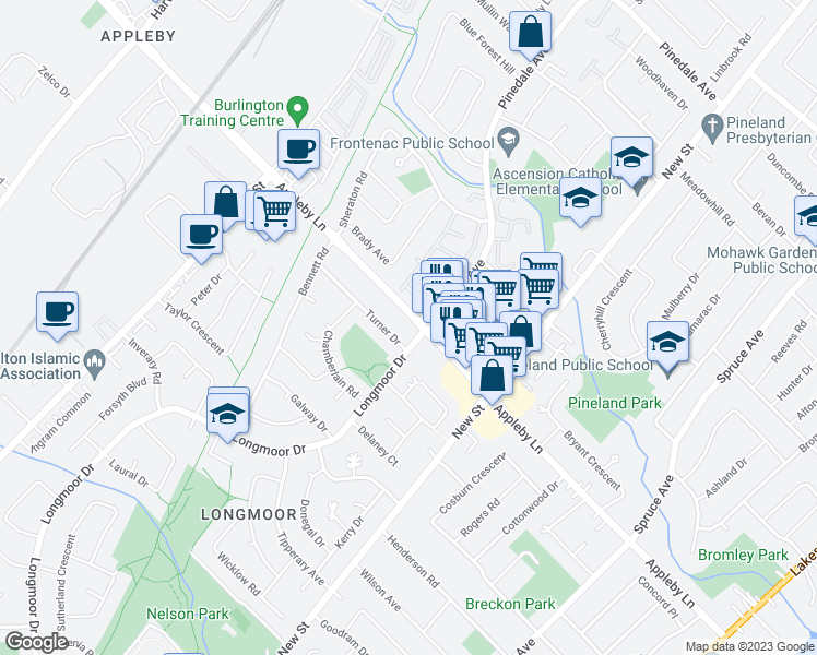 map of restaurants, bars, coffee shops, grocery stores, and more near 532 Appleby Line in Burlington