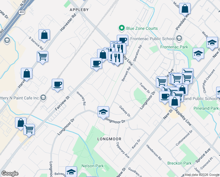 map of restaurants, bars, coffee shops, grocery stores, and more near 494 Taylor Crescent in Burlington