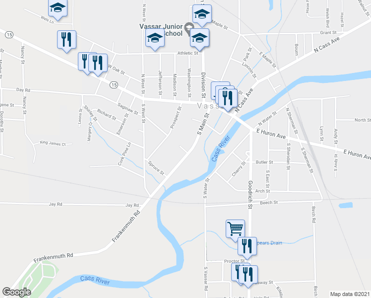 map of restaurants, bars, coffee shops, grocery stores, and more near 118 Saginaw Street in Vassar