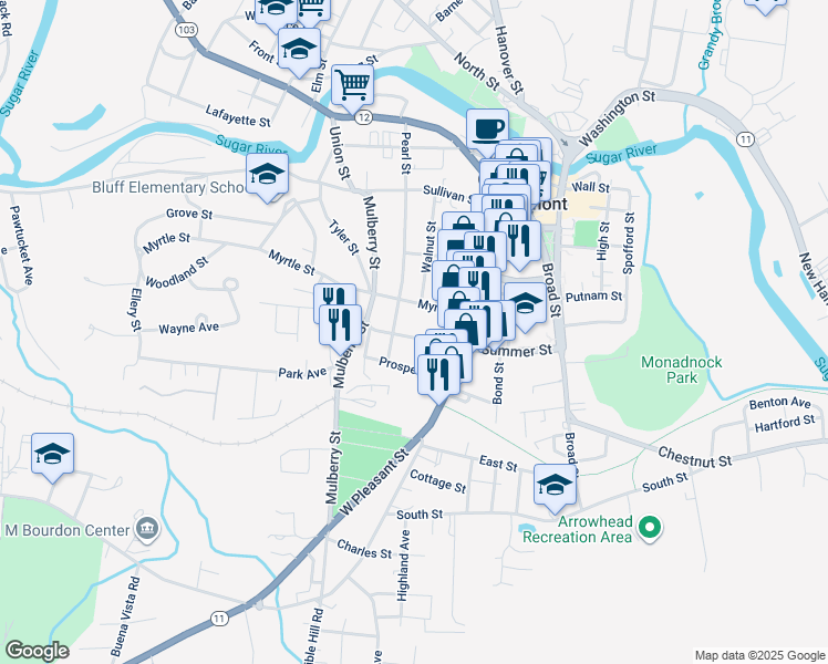 map of restaurants, bars, coffee shops, grocery stores, and more near 83 Summer Street in Claremont