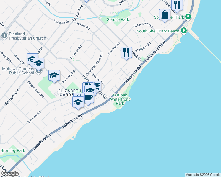 map of restaurants, bars, coffee shops, grocery stores, and more near 5414 Stratton Road in Burlington