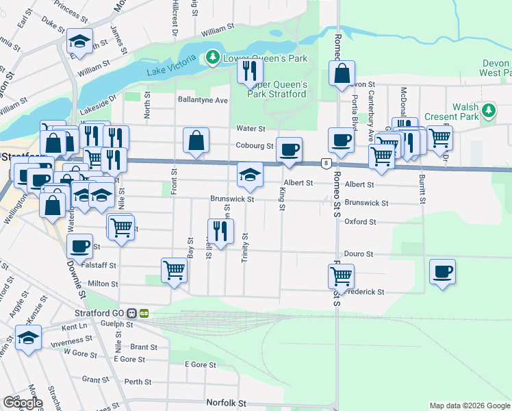 map of restaurants, bars, coffee shops, grocery stores, and more near 351 Brunswick Street in Stratford
