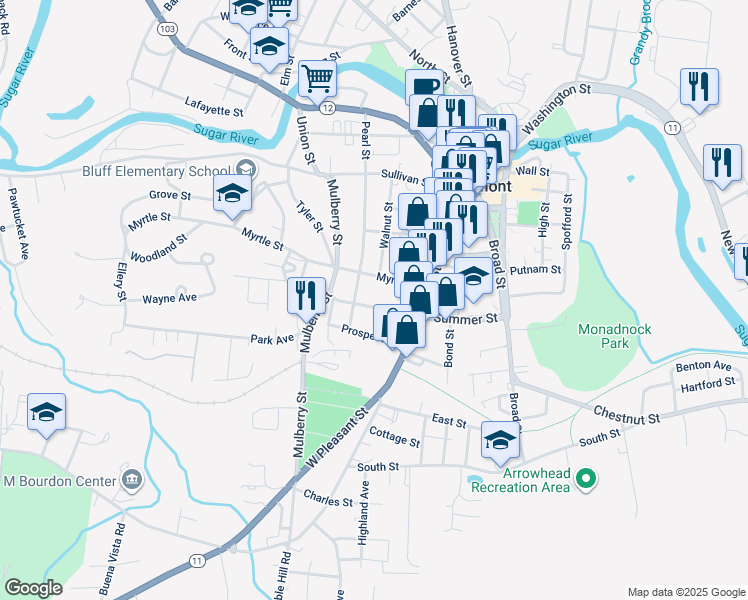 map of restaurants, bars, coffee shops, grocery stores, and more near 83 Summer Street in Claremont