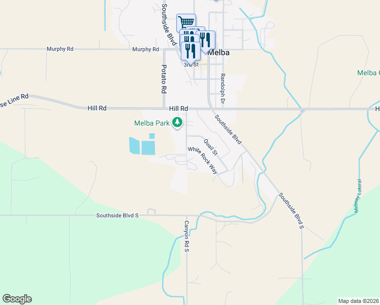 map of restaurants, bars, coffee shops, grocery stores, and more near 303 White Rock Way in Melba