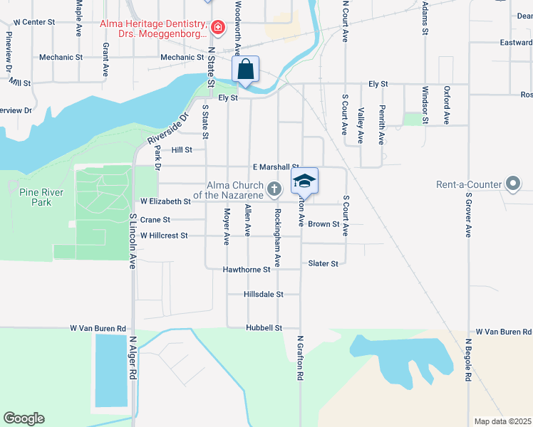 map of restaurants, bars, coffee shops, grocery stores, and more near 324 East Elizabeth Street in Alma