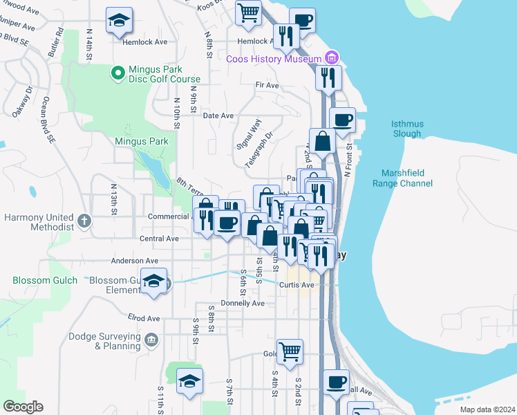 map of restaurants, bars, coffee shops, grocery stores, and more near 515 East Market Avenue in Coos Bay