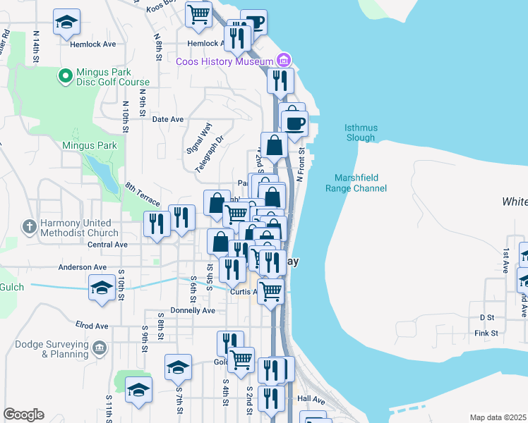 map of restaurants, bars, coffee shops, grocery stores, and more near 126 East Market Avenue in Coos Bay