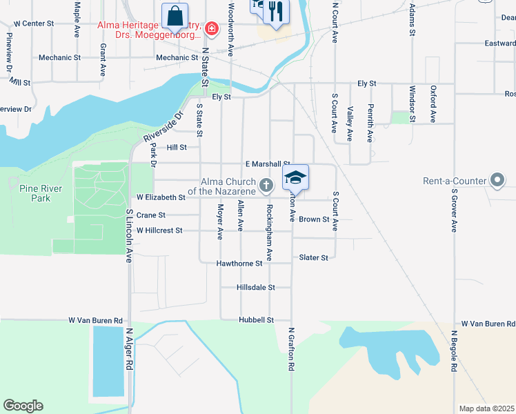 map of restaurants, bars, coffee shops, grocery stores, and more near 324 East Elizabeth Street in Alma