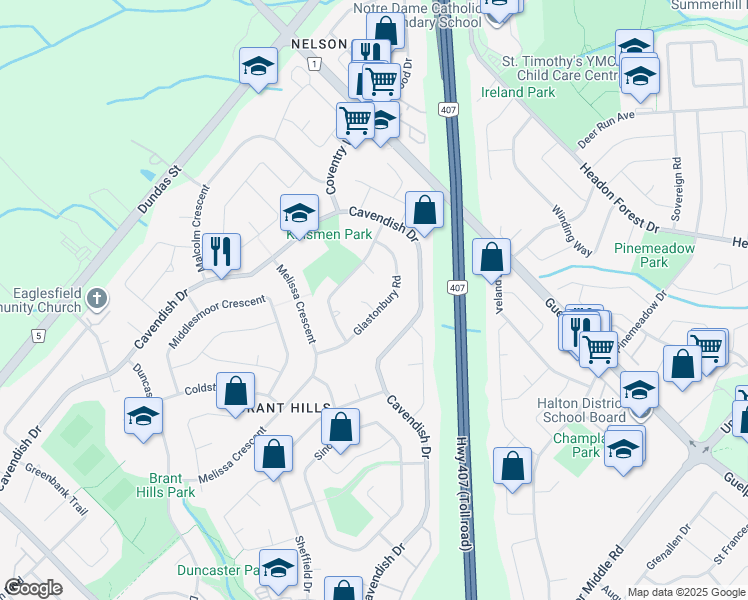 map of restaurants, bars, coffee shops, grocery stores, and more near 2319 Tintagel Lane in Burlington