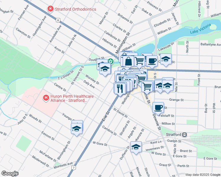 map of restaurants, bars, coffee shops, grocery stores, and more near 84 Church Street in Stratford