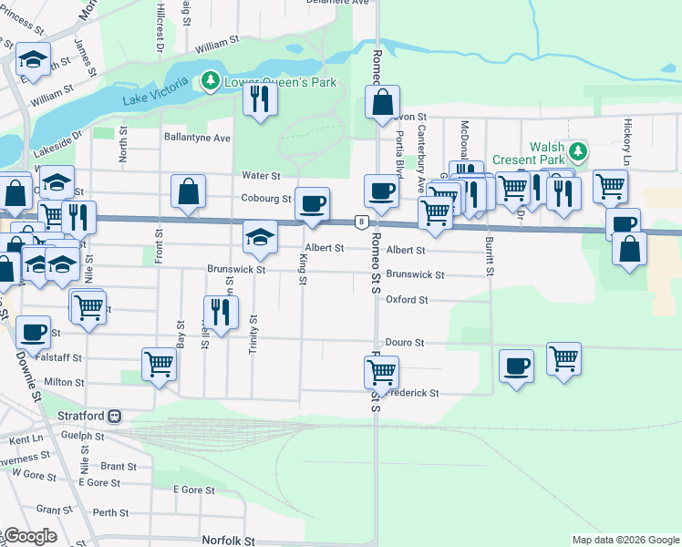 map of restaurants, bars, coffee shops, grocery stores, and more near Brunswick Street in Stratford