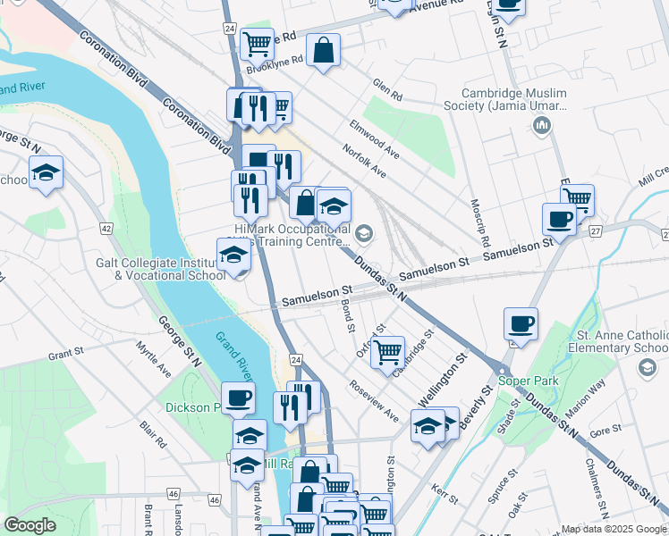 map of restaurants, bars, coffee shops, grocery stores, and more near 20 Hopeton Street in Cambridge