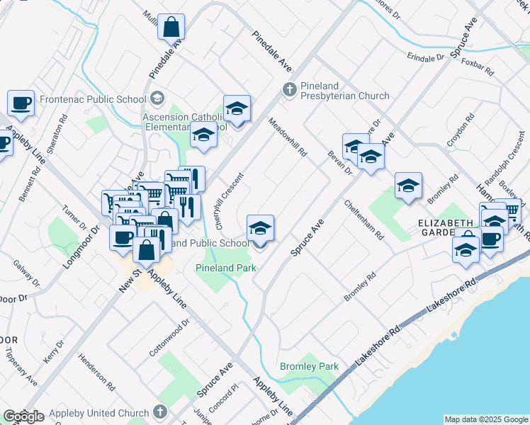 map of restaurants, bars, coffee shops, grocery stores, and more near 5152 Mulberry Drive in Burlington