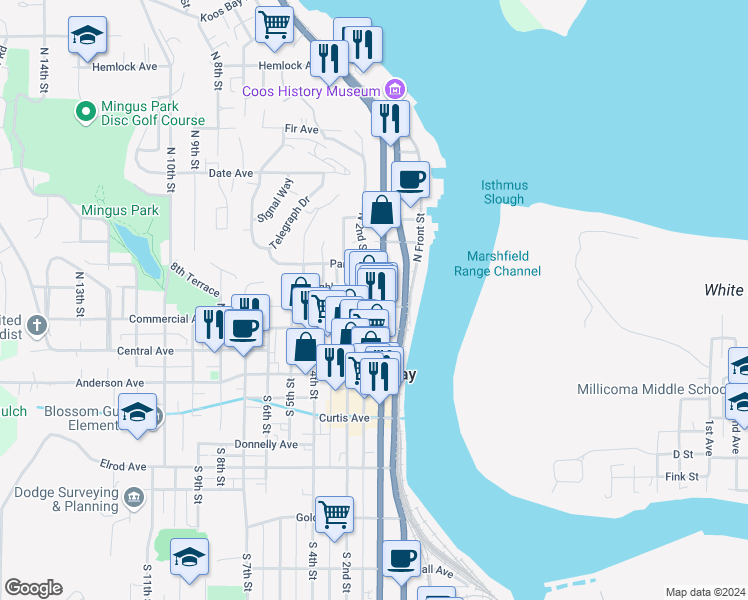 map of restaurants, bars, coffee shops, grocery stores, and more near 126 East Market Avenue in Coos Bay