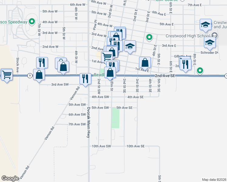 map of restaurants, bars, coffee shops, grocery stores, and more near 309 South Elm Street in Cresco