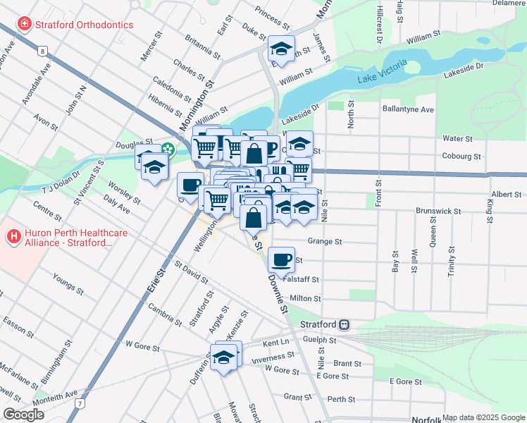 map of restaurants, bars, coffee shops, grocery stores, and more near 101 Downie Street in Stratford