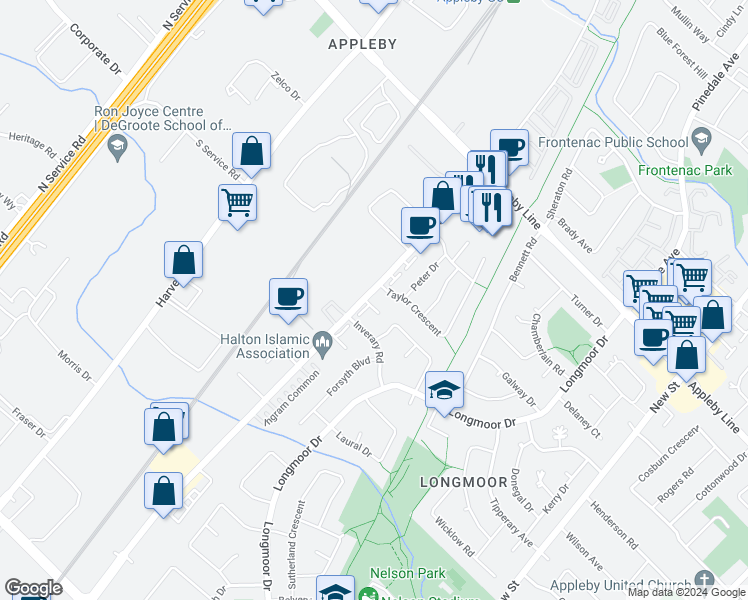 map of restaurants, bars, coffee shops, grocery stores, and more near 629 Angela Court in Burlington