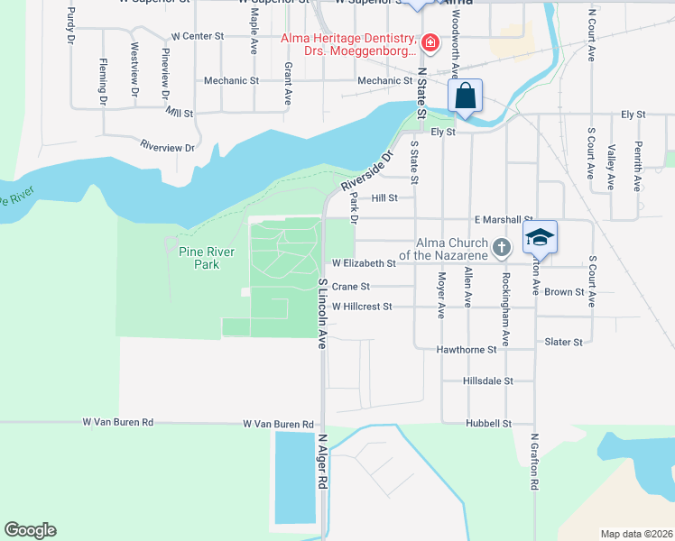 map of restaurants, bars, coffee shops, grocery stores, and more near 311 West Elizabeth Street in Alma