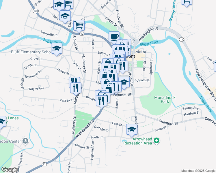 map of restaurants, bars, coffee shops, grocery stores, and more near 109 1/2 Pleasant Street in Claremont