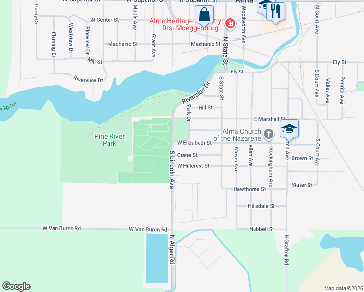 map of restaurants, bars, coffee shops, grocery stores, and more near 311 West Elizabeth Street in Alma