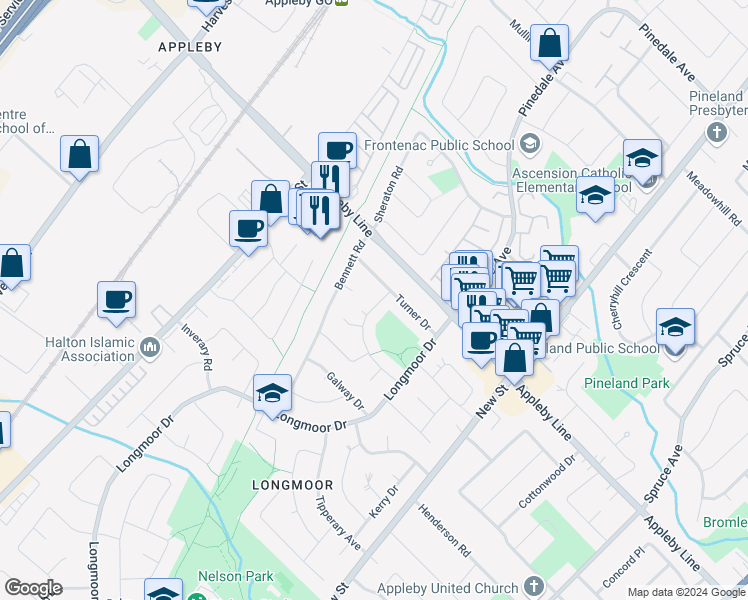 map of restaurants, bars, coffee shops, grocery stores, and more near 584 Chamberlain Road in Burlington