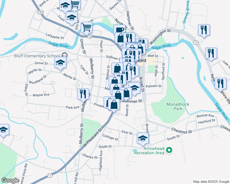 map of restaurants, bars, coffee shops, grocery stores, and more near 109 1/2 Pleasant Street in Claremont