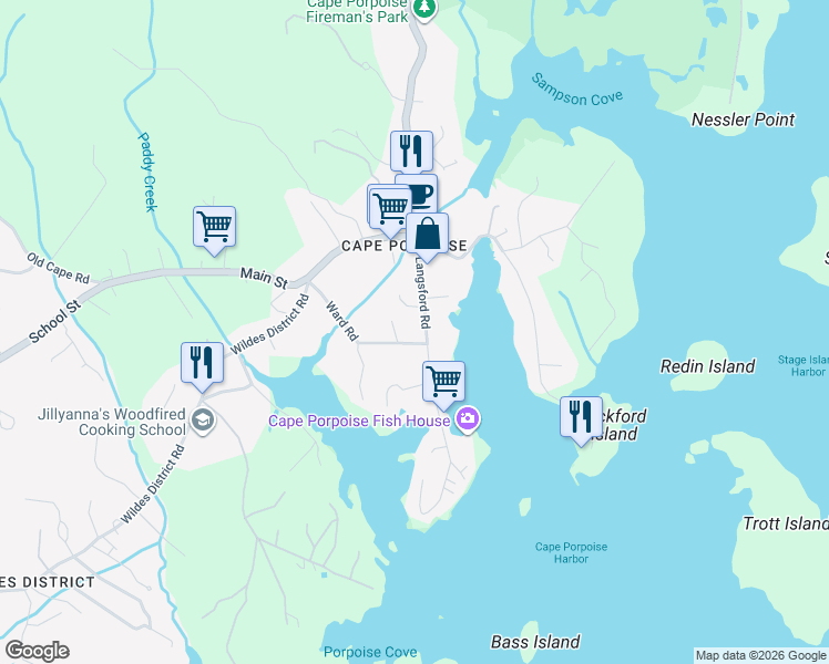 map of restaurants, bars, coffee shops, grocery stores, and more near 26 Ward Road in Kennebunkport