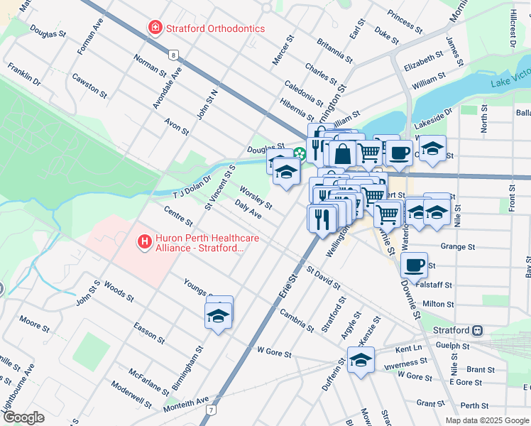 map of restaurants, bars, coffee shops, grocery stores, and more near 30 Daly Avenue in Stratford
