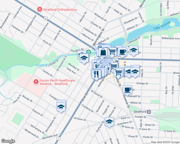 map of restaurants, bars, coffee shops, grocery stores, and more near 84 Church Street in Stratford