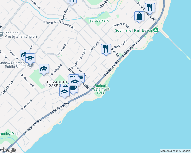 map of restaurants, bars, coffee shops, grocery stores, and more near 5427 Lakeshore Road in Burlington