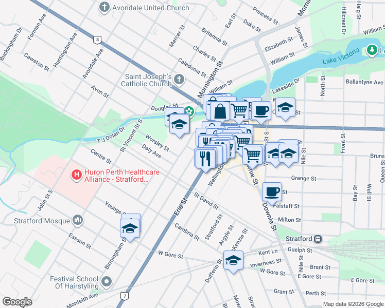 map of restaurants, bars, coffee shops, grocery stores, and more near 74 Church Street in Stratford