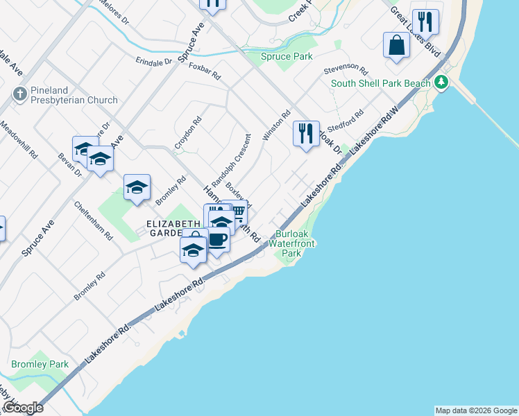 map of restaurants, bars, coffee shops, grocery stores, and more near 5414 Stratton Road in Burlington