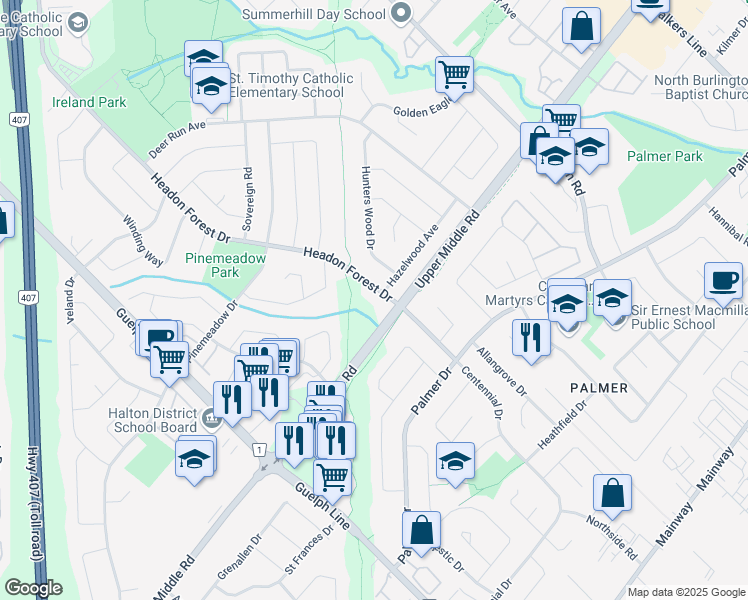 map of restaurants, bars, coffee shops, grocery stores, and more near 2024 Headon Forest Drive in Burlington