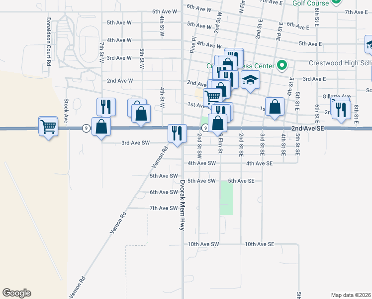 map of restaurants, bars, coffee shops, grocery stores, and more near 301-347 3rd St SW in Cresco