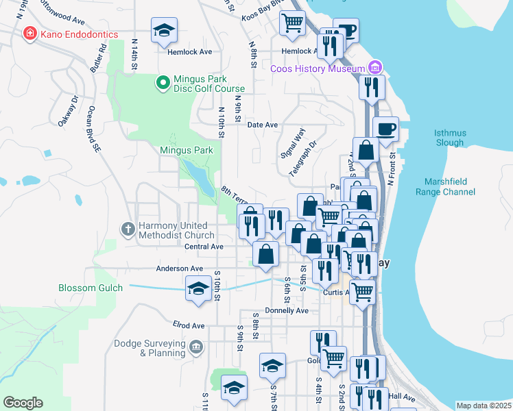 map of restaurants, bars, coffee shops, grocery stores, and more near 306 North 8th Street in Coos Bay